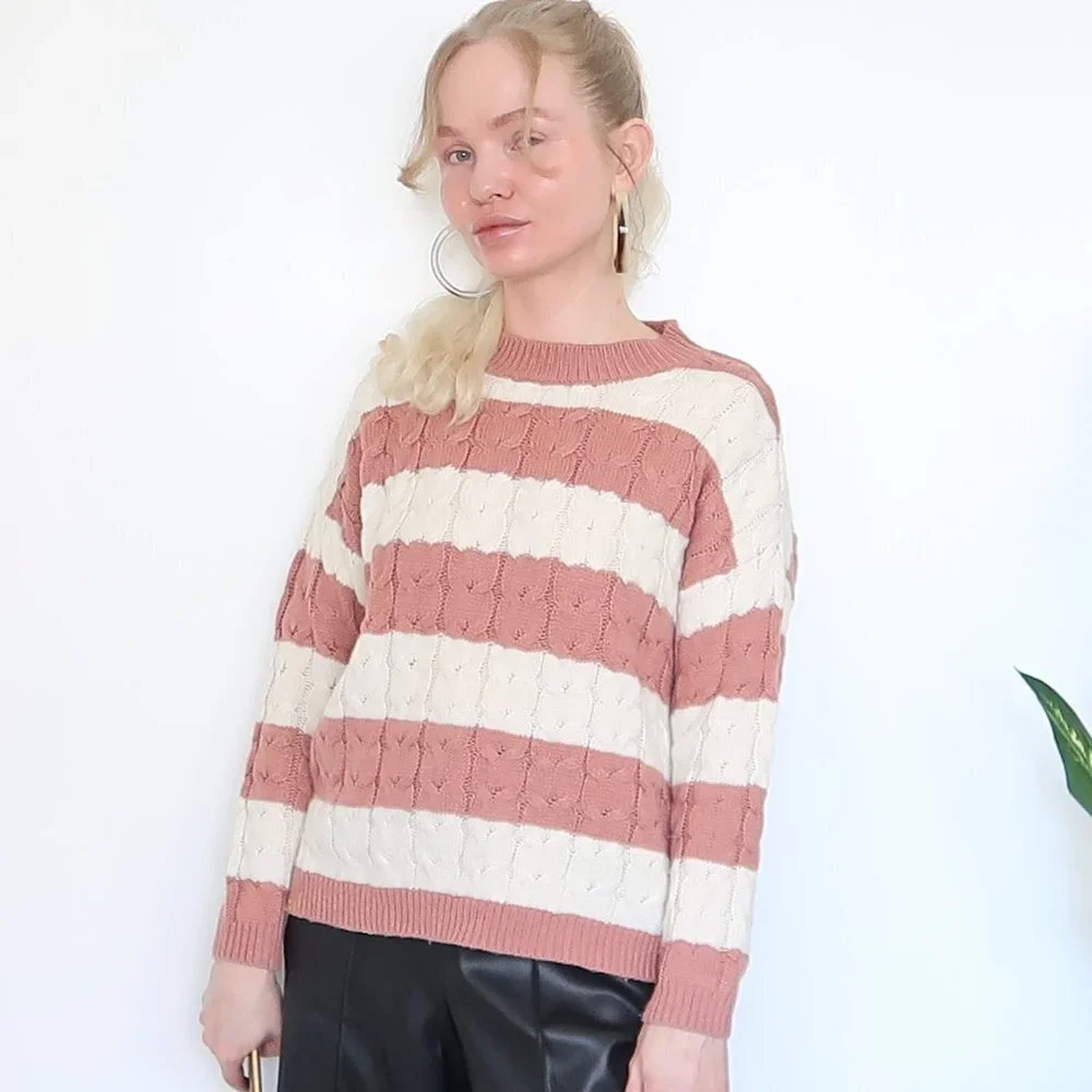 Mango Peach & White Cable Knit Chunky Sweater - Picture 11 of 13